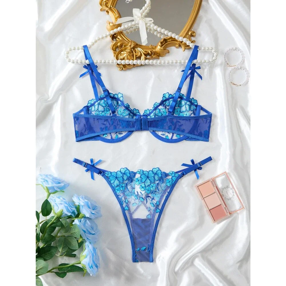 Lilosy Petite Blue Sexy Underwire Push Up Strappy Heart Embroidered Mesh XS